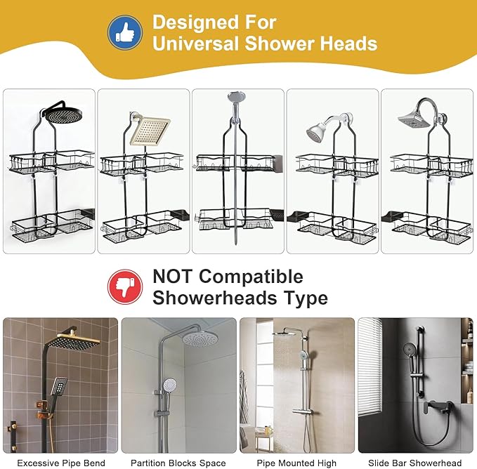 Shower Caddy Hanging Organizer, Rustproof Over Shower Head Caddy Holder with Hooks for Razor/Sponge, No Drilling Bathroom Racks Bath Storage Shelves for Shampoo Soap Towels, Black