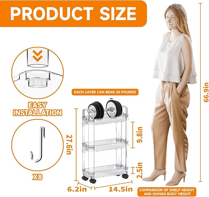 3 Tier Slim Rolling Storage Cart with Wheels for Small Space,Clear Modern Design Slim Utility Cart Suitable as Bathroom Cart Organizer Shelf,Skinny Bathroom Storage Rack,Narrow Laundry Cart on Wheels