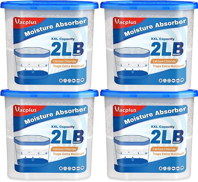 Vacplus Moisture Absorber Buckets – Large Capacity Dehumidifier and Humidity Absorber for Closet, Basement, Bathroom, RV, and Storage Areas, Unscented, 2 lbs, 4 Pack