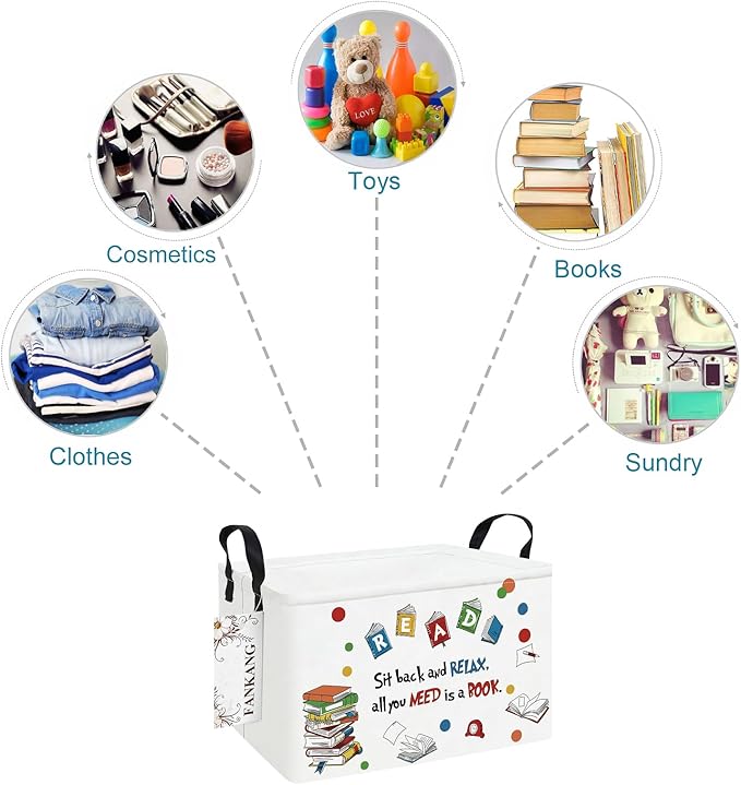 FANKANG Storage Bins, Nursery Hamper Canvas Laundry Basket Foldable with Waterproof PE Coating Large Storage Baskets for Kids Boys and Girls, Office, Bedroom, Clothes,Toys(Rec-Reading ）