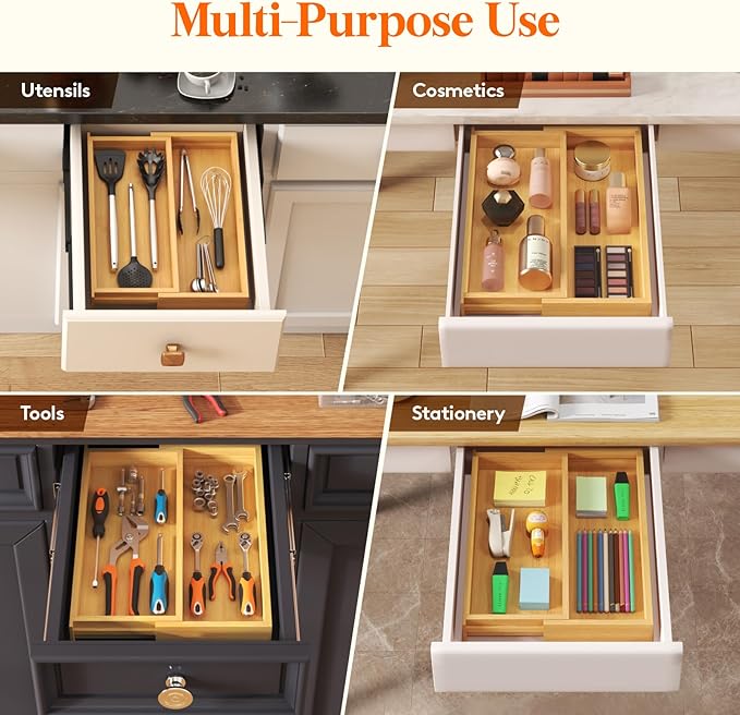 Lifewit Utensil Organizer for Kitchen Drawer, Expandable Cooking Utensil Tray, Cutlery Silverware Flatware Holder, Wood Adjustable Spatula Tools Storage Divider, 7-12 x 15.75", Natural