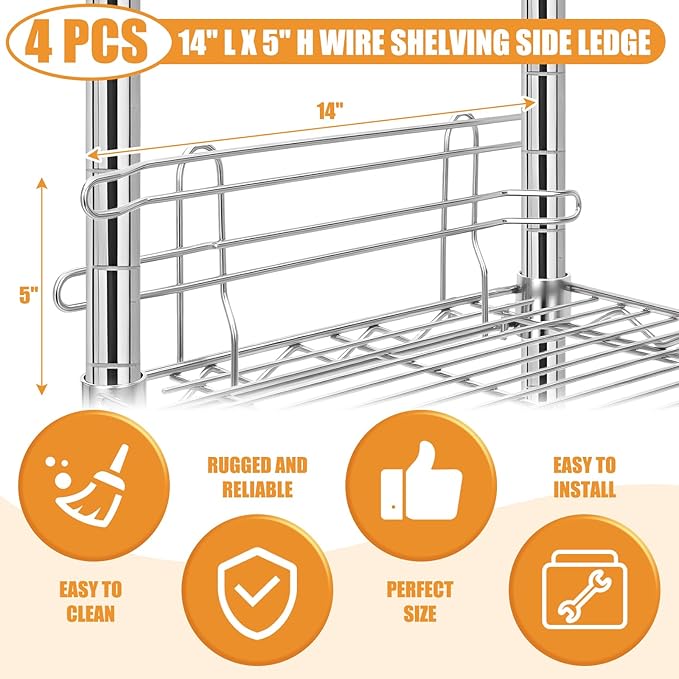 4 Pcs Chrome Wire Shelf Ledge 14" L x 5" H Wire Shelving Side Ledge Metal Shelves Accessories Pantry and Garage Storage (Silver)