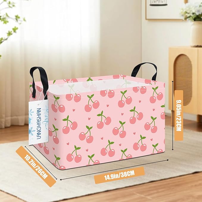 LANGYASHAN Rectangular Storage Bin Collapse Canvas Fabric Cartoon Storage Basket with Handles for Organizing Home Kitchen Boys and Girls Toys Office Closet Shelf Baskets (Rec Pink Cherry)