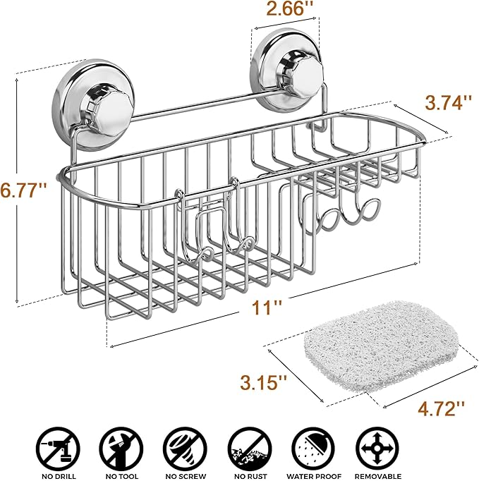 HASKO Suction Cup Shower Caddy Basket for Shampoo, Shower Suction Shelf Organizer, Basket with Soap Holder and Hooks, Stainless Steel Shampoo Holder for Bathroom Storage, Chrome