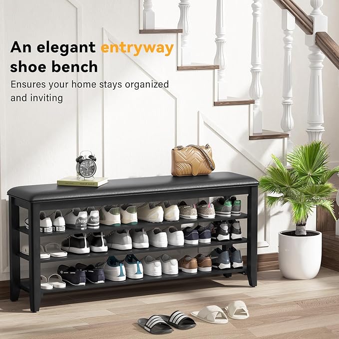 Taitiy Shoe Bench Storage Rubberwood with Leather Cushion for Entryway Bench Ideal for Hallways Shoe Rack Front Doors Entrances Mudrooms Featuring 3 Height-Adjustable and Removable Shelves