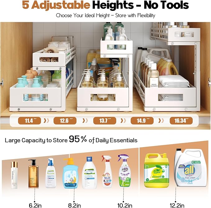 2-Pack 20.47"Deep Under Sink Organizer And Storage,2-Tier L-Shaped Pull Out Cabinet Organizer with Upgraded Slide Rails,Height Adjustable Drawers for Kitchen&Bathroom,Extra-Large Storage Shelves–Gray