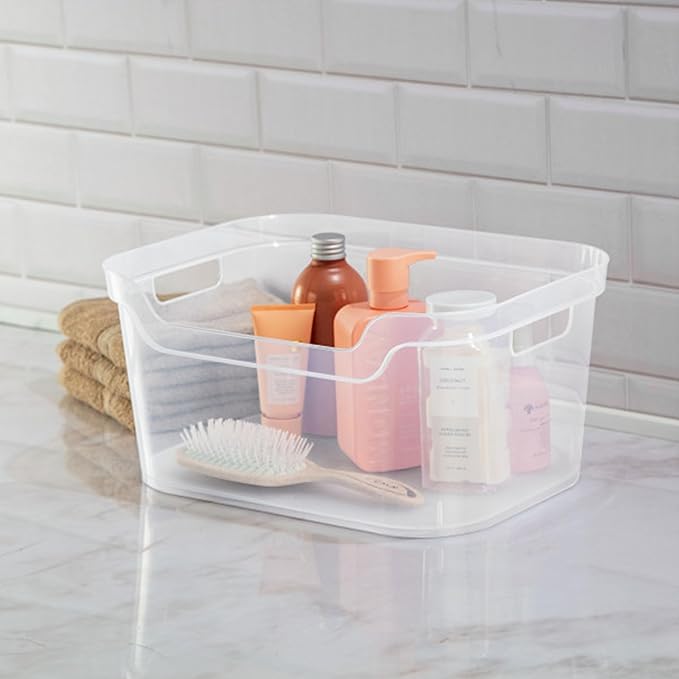 Sterilite 7 x 11 x 14.25 Inch Polished Open Scoop Front Storage Bin with Comfortable Carry Through Handles for Household Organization, Clear (6 Pack)