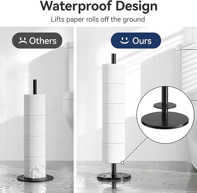 Black Toilet Paper Holder Stand for Spare Rolls Storage, Stainless Steel Freestanding Toilet Paper Holder with Shelf Hold 5 Paper Rolls