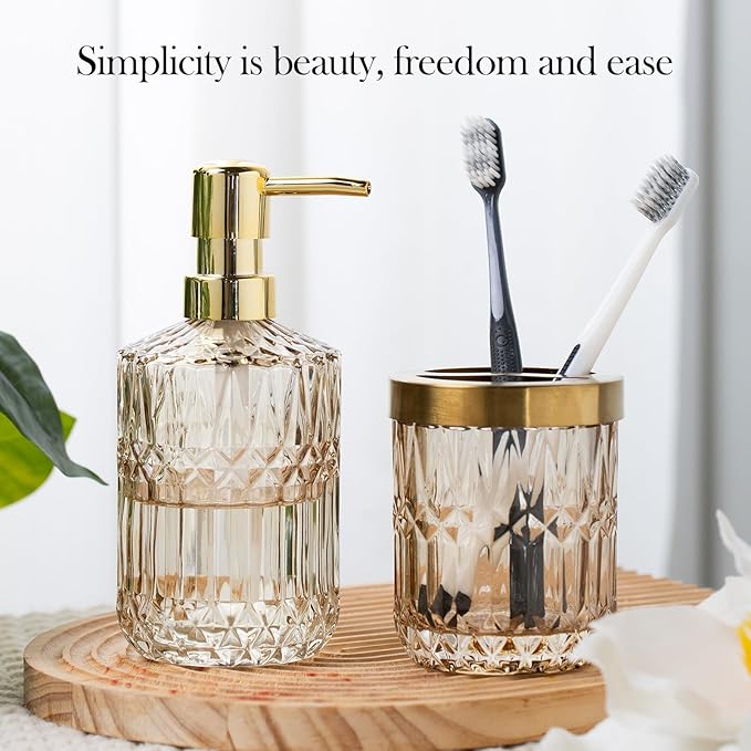 Glass Bathroom Accessories Set, 2PCS Clear Glass Bathroom Accessory, Toothbrush Holder and Soap Dispenser Set for Modern Bathroom Decor(Amber)