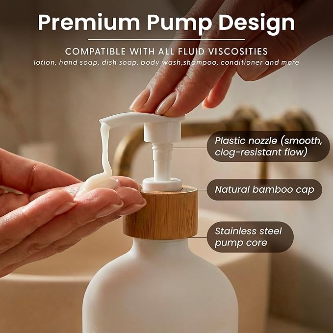 MaisoNovo Glass Hand Soap Dispenser | Dish Soap Dispenser for Kitchen | 16.9oz White Bottles with White Bamboo Pump | Bathroom Lotion Dispenser
