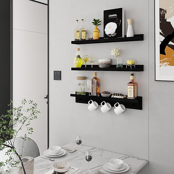 MBYD Floating Wooden Wall Shelves Black, Nursery Floating Bookshelf for Kids Room, Wall Mount Book Shelves with Hooks for Living Room Bedroom Bathroom, 36 Inch Picture Ledge Shelf Set of 3