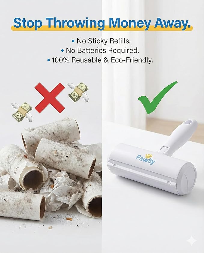 Pawlly Pet Hair Remover Roller – Reusable Lint Roller for Pet Hair, Dog & Cat Hair Remover – Self-Cleaning Fur Removal Tool for Couch, Sofa, Furniture, Carpet, Car Seats & Bedding – No Refills Needed