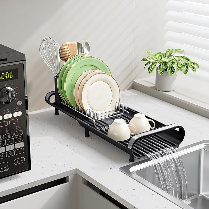 Small Dish Drying Rack, Mini Expandable Compact Dish Rack, Slim Extendable Stainless Steel Dish Drainer for Kitchen Plate Storage, Space Saving Dish Strainer in Sink or on Home Countertop, Matte Black