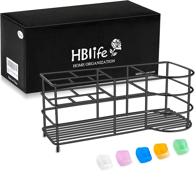 HBlife 7 Slots Toothbrush Holder, X-Large Stainless Steel Bathroom Decor, Black Electric Toothbrush Holder for Bathroom, Bathroom Counter Organizer for Small Spaces