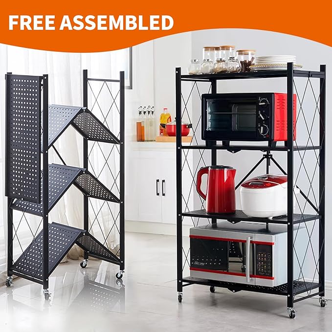 5-Tier Heavy Duty Foldable Metal Rack Storage Shelving Units 28" W x 14" D x 65" H for Kitchen Bakers Closet, Metal Wire,with Wheels Moving Easily