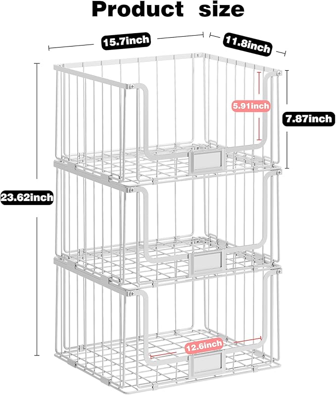3-Tier Stackable Closet Organizers and Storage Shelves, Clothes Shelf Organizer Basket Bins for Closet Organizer System, White