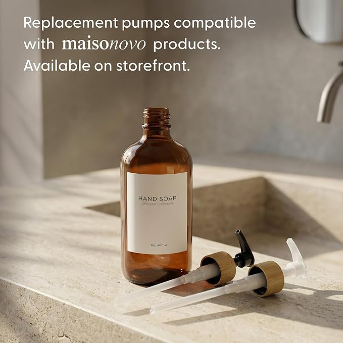 MaisoNovo Glass Dish Soap Dispenser for Kitchen Set of 2-16.9oz Amber Dish and Hand Soap Dispenser Set for Kitchen - Amber Glass Bottles x 2 with Black Bamboo Pumps & Tray