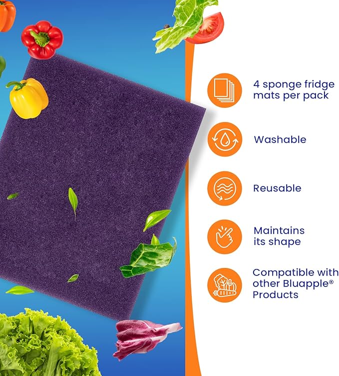 Bluapple FreshMats, Refrigerator Bin Liner, Fridge Drawer Mats, Crisper Life Extender Liner Keeps Produce Fresh Longer, Anti-Bruising, for Air Circulation, Washable & Reusable (4-Mats, 12x15, Purple)