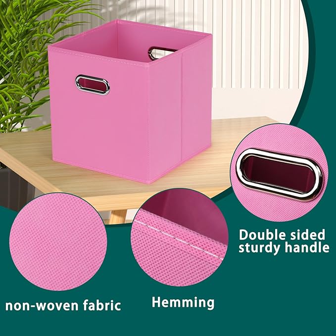 Black Foldable Storage Cubes Bins, Fabric Storage Box Cubes Organizer Baskets with Dual Handles for Home Organizer,Set of 6,(Pink)