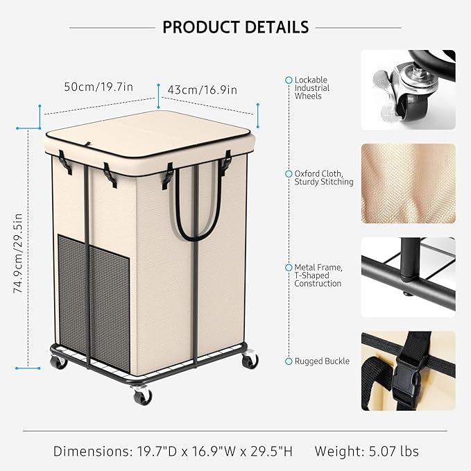 Large Laundry Hampers with Lid, Oxford Fabric Laundry Hampers, Metal Frame and Removable Bag Design with Wheels, Suitable for Bedroom, Bathroom, Dorm Room, Laundry Room (White with Lid)