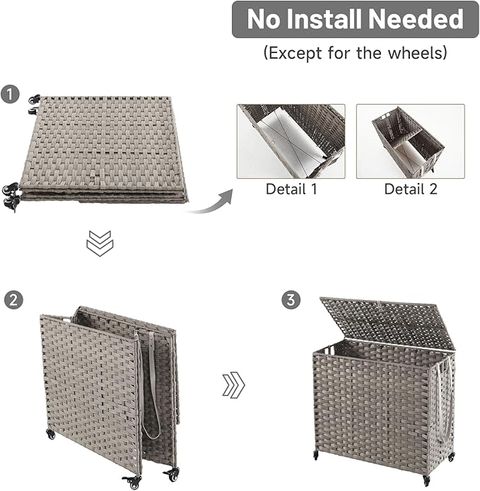 Laundry Hamper with Wheels, 34.3 Gallon(130L) Rolling Laundry Basket with Lid, 3-Section Rattan Clothes Hamper with 3 Removable Liner & 3 Mesh Bags, Laundry Sorter with Side Pocket, Grey