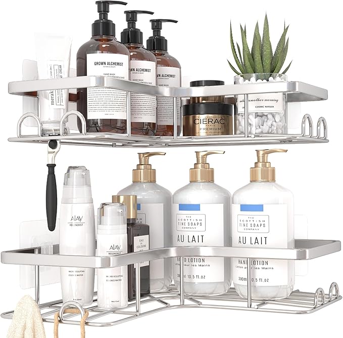 Corner Shower Caddy - 2 Pack, Adhesive Shower Organizers, Rustproof Stainless Steel Shower Shelves with 8 Hooks, No Drilling Bathroom Organizers and Storage Racks, Space-Saving, Silver, Large