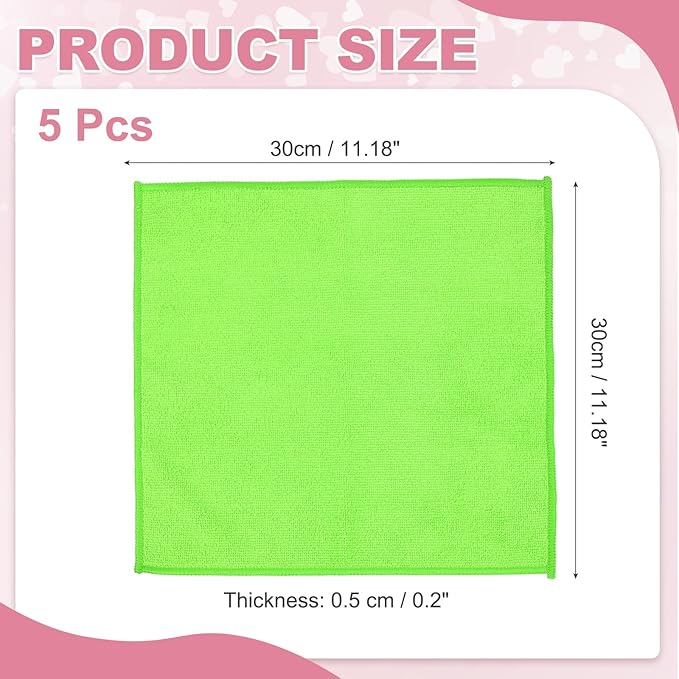 uxcell 5 Pcs Microfiber Cleaning Cloth, Kitchen Towels Reusable Microfiber Towels Highly Absorbent for Household Cleaning Supplies, Kitchen, Bathroom, Green(Square), 11.8" X11.8