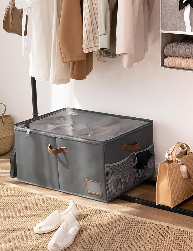 StorageWorks Shoe Organizer for Closet, Fits up to 20 Pairs, Shoe Cubby Storage Containers with Side Mesh Pocket and Clear Cover, Grey