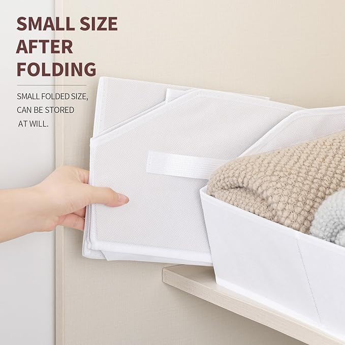 Storage Bins for Shelves - Large Trapezoid Closet Shelf Organizer, Fabric Organization Bins with Handles, Storage Baskets for Clothes, Towel, Purse, 6 Pack, White