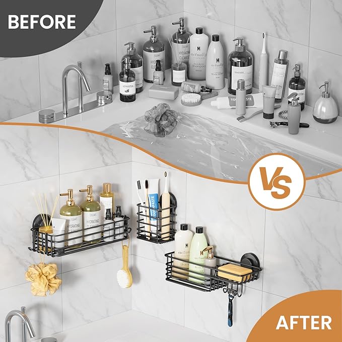LEVERLOC Shower Caddy Suction Cup, 3 Pack Heavy Duty Bathroom Organizer for Inside Shower with Hooks & Soap Holder, Removable Bathroom Holder, Rustproof Black Storage