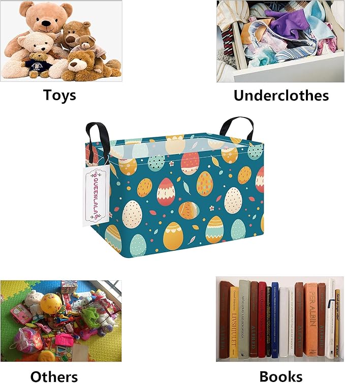 QUEENLALA Rectangular Laundry Hamper/Foldable Nursery Laundry Basket for Organizing/Storage Bin Baskets/Children Toy Office Bedroom/Toy Bin Closet Shelf Baskets (Rec-Blue Easter eggs)