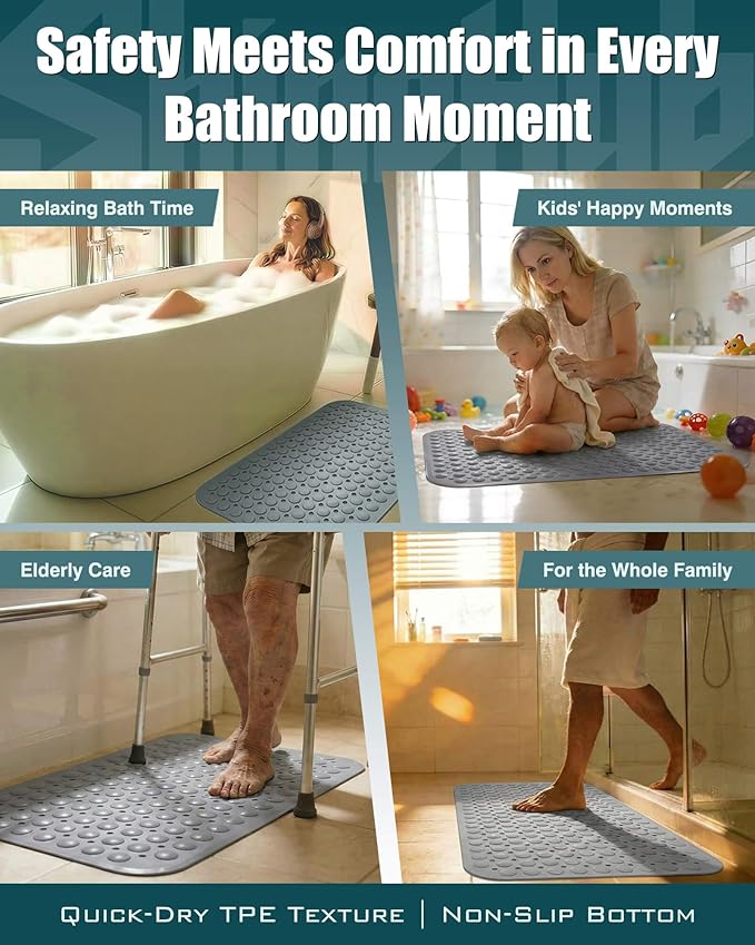 ShineHub Non-Slip Bath Mat for Tub Shower, TPE Machine Washable Bathroom Essentials with Suction Cups, Quick-Dry 28x16 inch (Mist Pine Gray)
