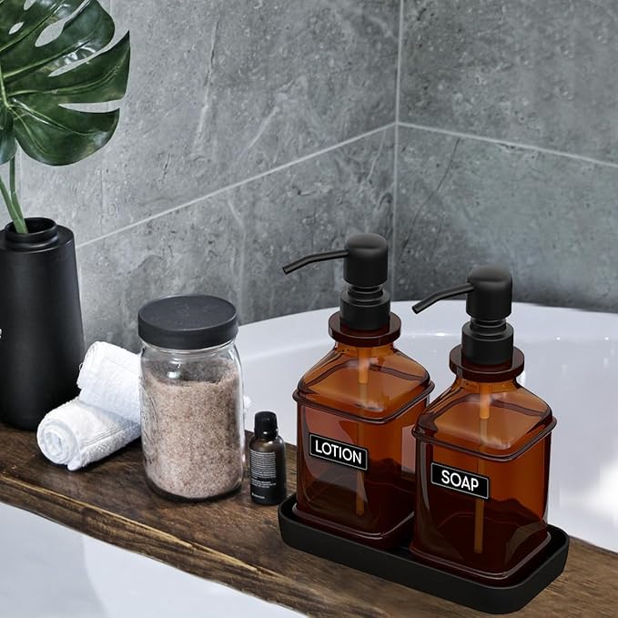 Soap Dispenser - 2 Pack, Antique Design Thick Amber Glass Hand Soap Dispensers with Sturdy Tray; 304 Rust Proof Stainless Steel Black Pump, 12Pcs Stickers, for Kitchen, Bathroom- Black