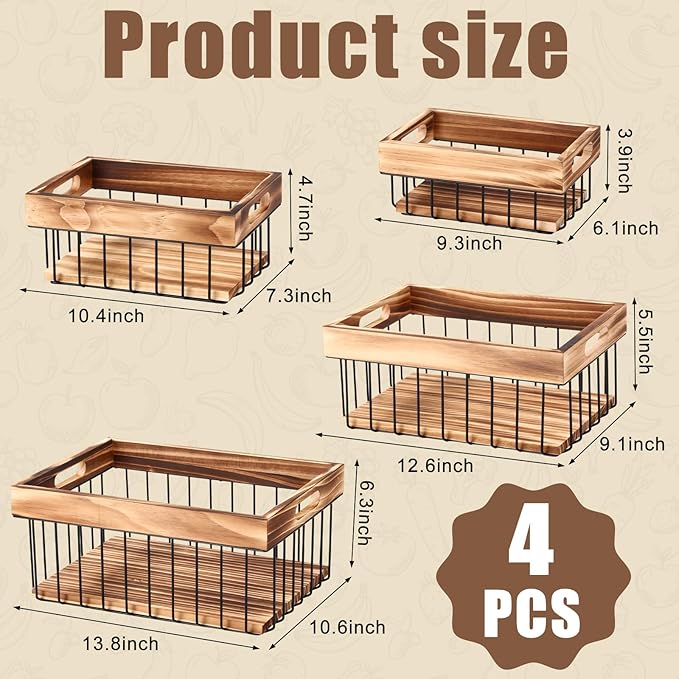 4 Pack Metal Wire Storage Basket, Multiple Sizes Basket with Handles Wooden Top and Bottom Containers Organizer Rustic Farmhouse Decor for Kitchen Cabinets, Bathroom, Pantry, Laundry Room