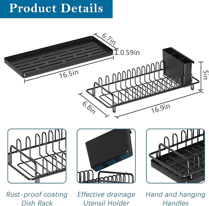 Compact Small Dish Rack Sink Drying Rack with Silicone Mat, Stainless Steel Dish Drainer for Kitchen Cabinet, Kitchen Sink Rack,Dish Holder, Black