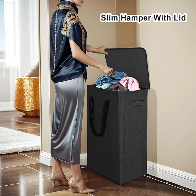 Odonata 75L Slim Laundry Hamper with Lid,Large Foldable Laundry Basket with Removable Bag and Handles Tall Collapsible Dirty Clothes Basket Great for Bedroom, Bathroom, Dorm, College,RV.(Black, 75L)