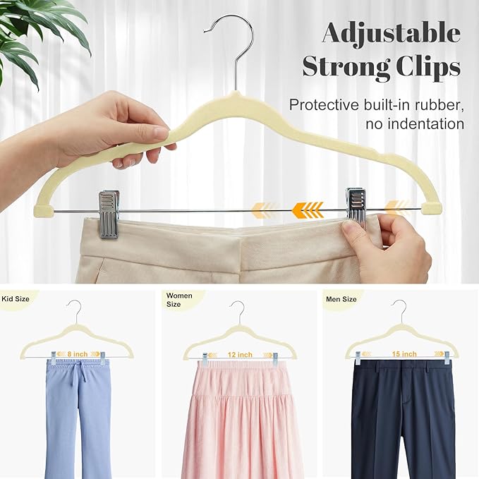 HOUSE DAY Velvet Skirt Hangers 36 Pack, Beige Velvet Pant Hangers with Adjustable Clips, Space Saving Slim Shorts Hanger, Heavy Duty Non Slip Clip Hanger for Pants, Skirts, Shorts