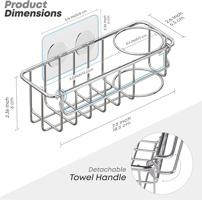 KESOL RustProof Sponge Holder Caddy for Kitchen, Stainless Steel Organizer, Brush Holder, 304 Accessories, Suction Cup + Adhesive