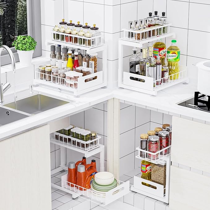 Under Sink Organizer, Heavy Duty Metal Pull Out Cabinet Organizer Slide Out Sink Shelf Organizer Height Adjustable, Multi-Purpose Storage Shelf for Kitchen Bathroom(White,1Pack)