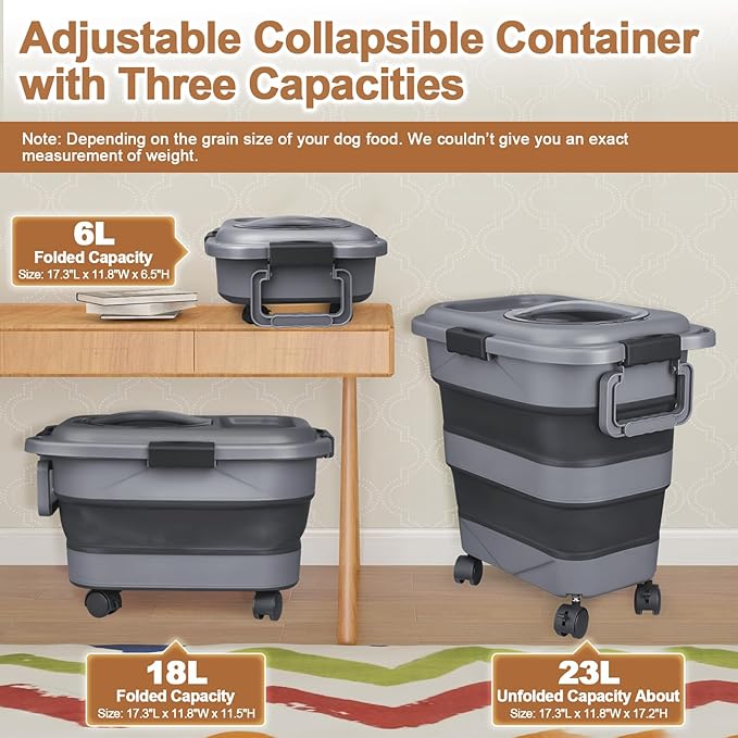 Dog Food Storage Container，10-25 lbs Airtight Collapsible Cat Food Storage Container with Attachable Wheels, Portable Handle, Dog Food Scoop for Dog Cat Bird Pet Dry Food Storage Bin Dark Grey
