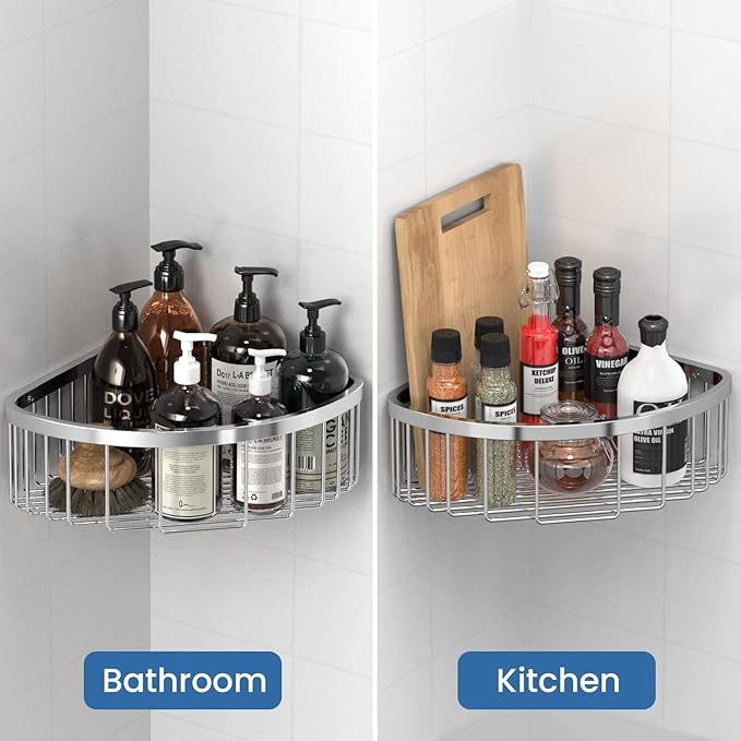 TENOVEL Shower Basket Brushed Stainless Shower Corner Shelf, Caddy Stainless Steel Rustproof, Organizer Wall Mounted Basket(Includes Screws)
