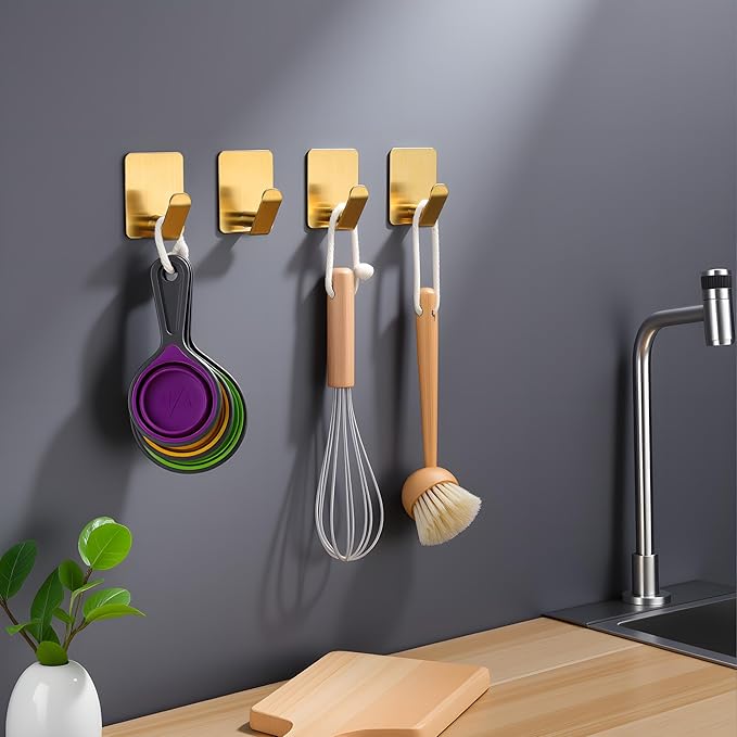 DELITON Adhesive Hooks - 4 Pack Gold Towel Hooks for Hanging Coat/Robe, Heavy Duty Stick on Wall for Bathroom and Kitchen
