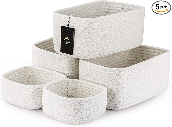 5-Pack Small Woven Rope Storage Baskets – 2 Sizes Organizer Bins for Closet, Shelf, Bookshelf, Nursery, Changing Table, Fabric Cube Boxes, Rectangular Shallow Bins for Bathroom, Toy & Home