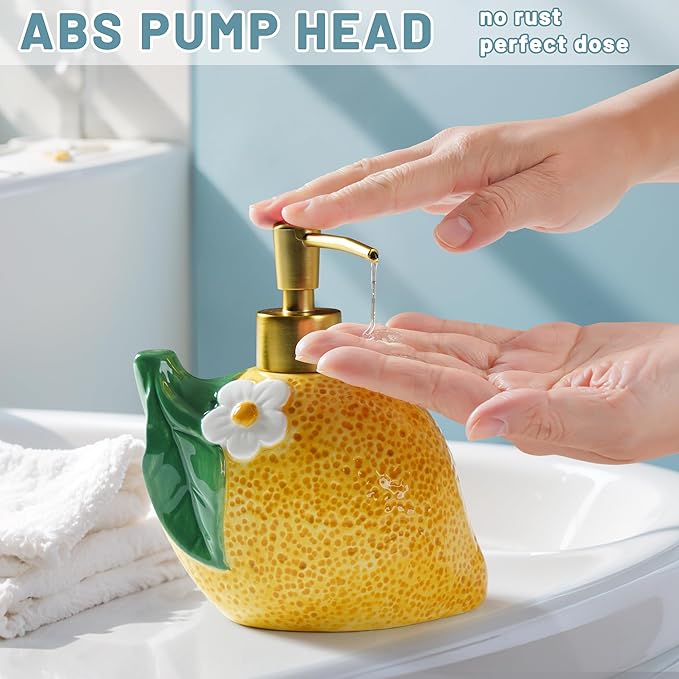 17 OZ Lemon Ceramic Soap Dispenser with ABS Pump,Refillable Liquid Bathroom soap Dispenser for Lotion ,Body Wash ,Cute Kitchen Soap Dispenser for Dish Soap,Hand Soap