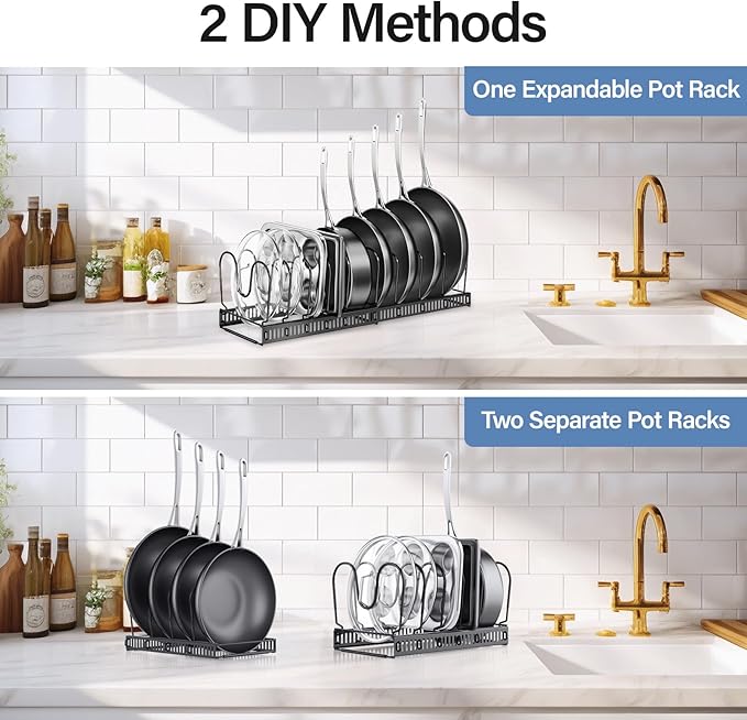 ORDORA Pots and Pans Organizer under Cabinet with Pot Lid Organizer, Expandable Rack for Pan and Pot Organizers Inside Cabinet, 12"-23" Adjustable with 10 Dividers for Kitchen Organization, Black