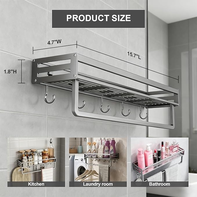 2-in-1 Mount Shower Shelf with Towel Rack & 5 Hooks - 15.8in Rustproof Waterproof Bathroom Organizer - No Drill Adhesive or Drill Mount