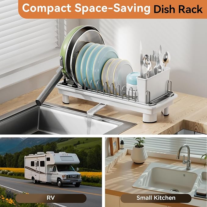 Small Dish Drying Rack, Compact Dish Drainer for Kitchen Counter, with Adjustable Back Slots, Space-Saving for Small Kitchens, White