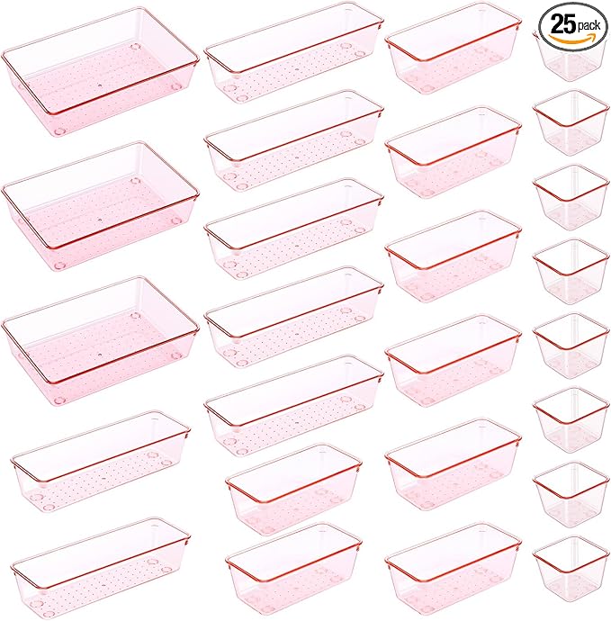 25pcs Pink Plastic Drawer Organizer Set, Clear Stackable Drawer Organizer,Kitchen Drawers Dividers for Bathroom, Office, Kitchen Cabinets and Dressing Tables