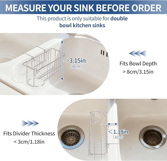 3-in-1 Sponge Holder for Kitchen Sink, Double Bowl Sinks Caddy, 304 Stainless Steel Hanging Sink Organizer & Accessories, Dish Cloth Drainer Basket Brush Soap Rack Silver