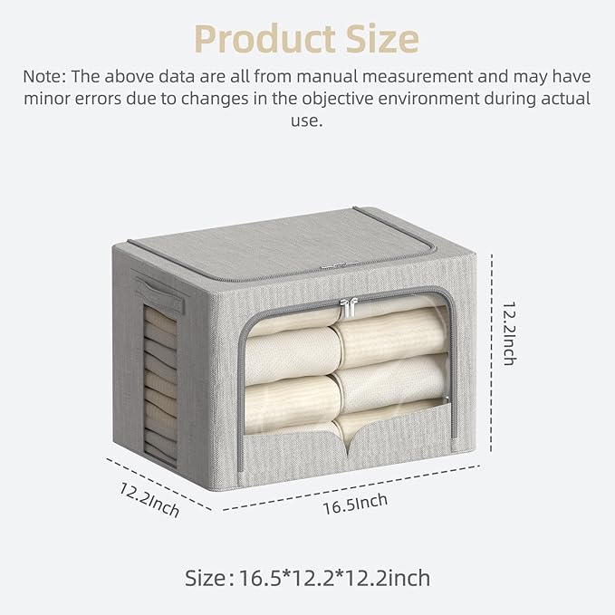 FHSQX 3 Pack Clothes Storage Bins - Foldable Metal Frame Storage Box - Stackable Linen Fabric Container Organizer Set with Carrying Handles and Clear Window (Light Gray, 16.5x12.2x12.2inch(40L))